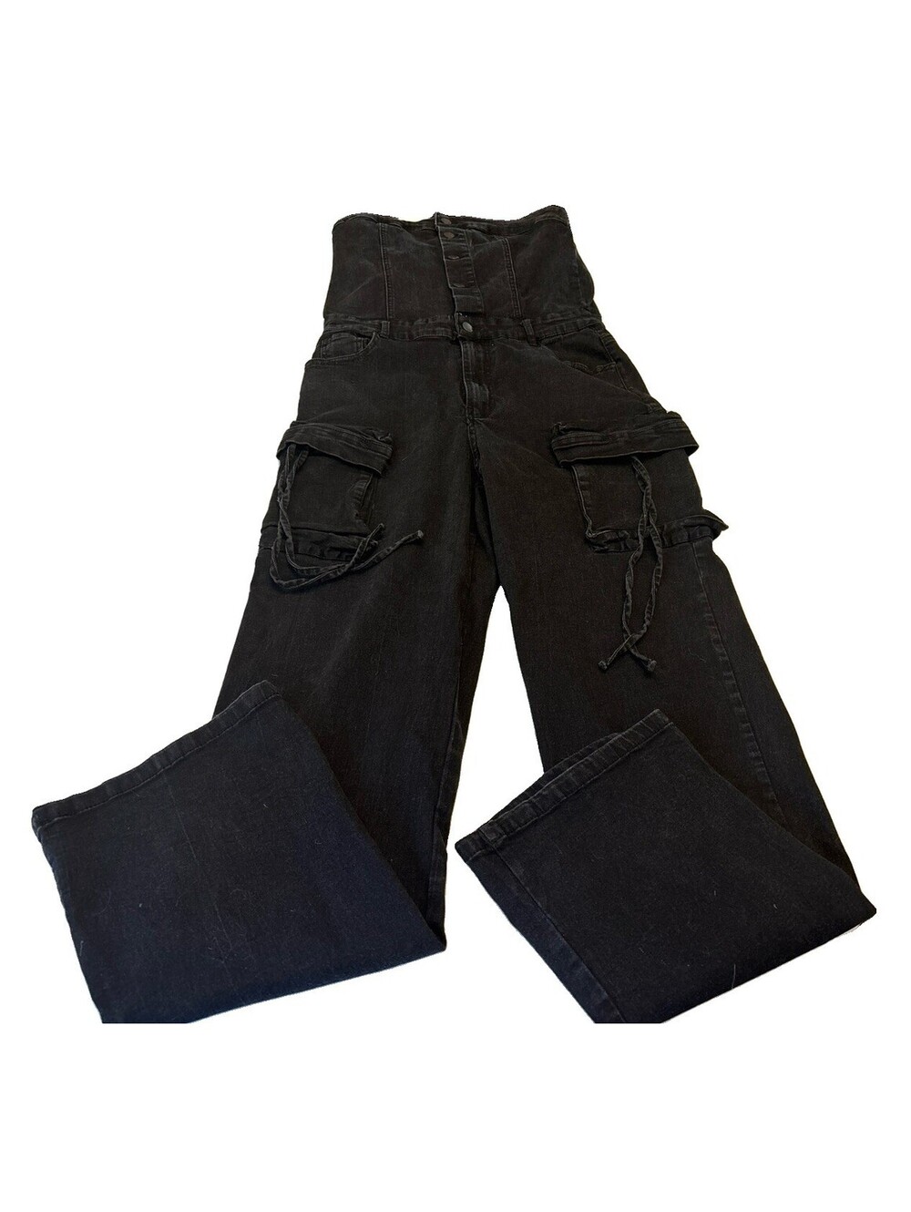 Women’s Strapless Washed Black Denim Jumpsuit Y2K Cargo Style Size Large